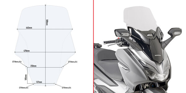 GIVI Windschild transparent, 580 mm hoch, 445 mm breit für Honda Forza 125 (19-20) + Forza 300 (19-20),