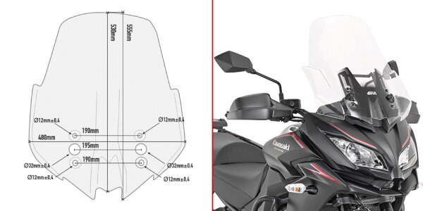 GIVI Windschild transparent,>475 mm hoch, 480 mm breit für Kawasaki Versys 1000 (17-18), mit ABE